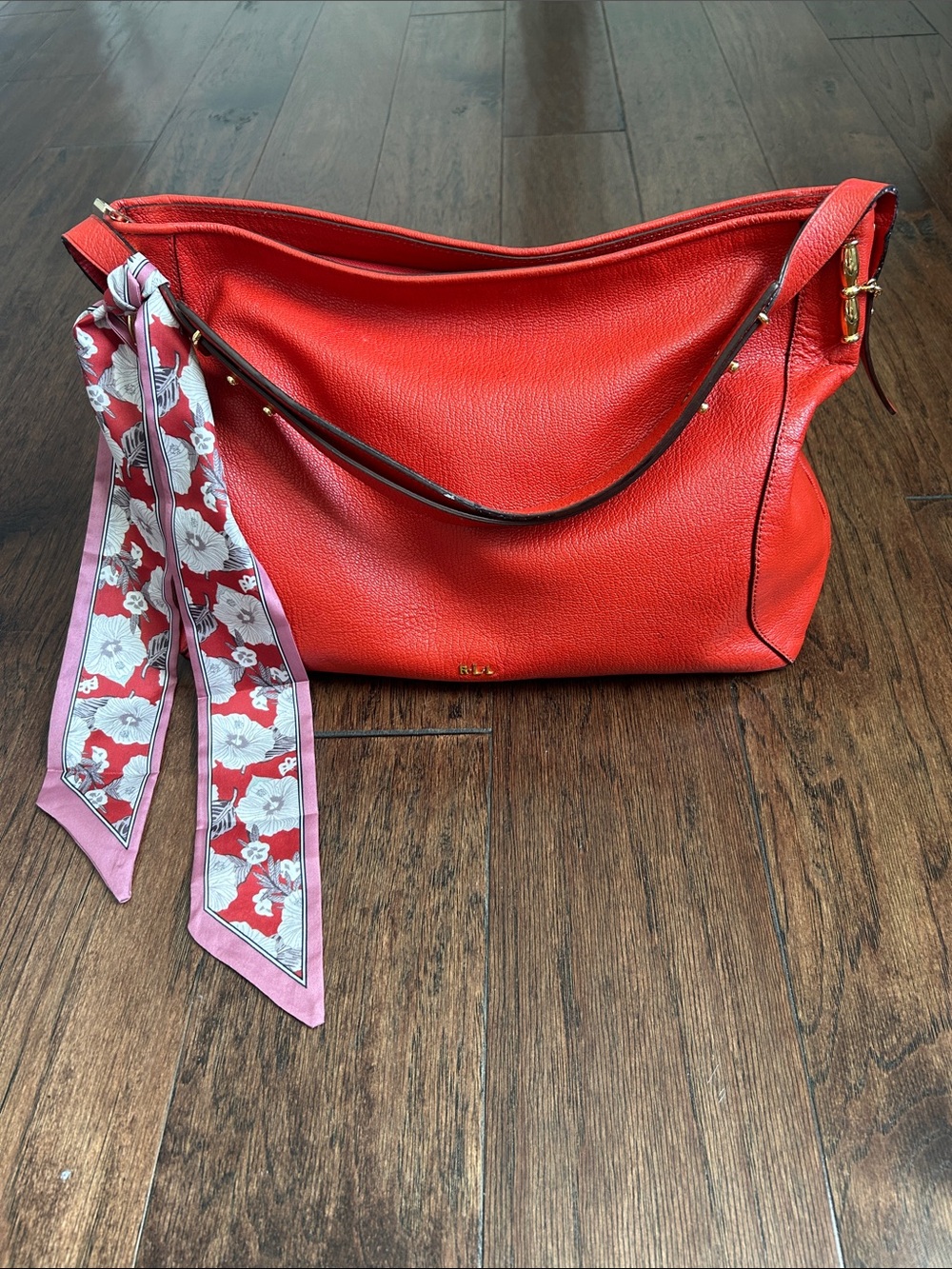 Lauren by Ralph Lauren Red Leather Shoulder Bag with Floral Scarf